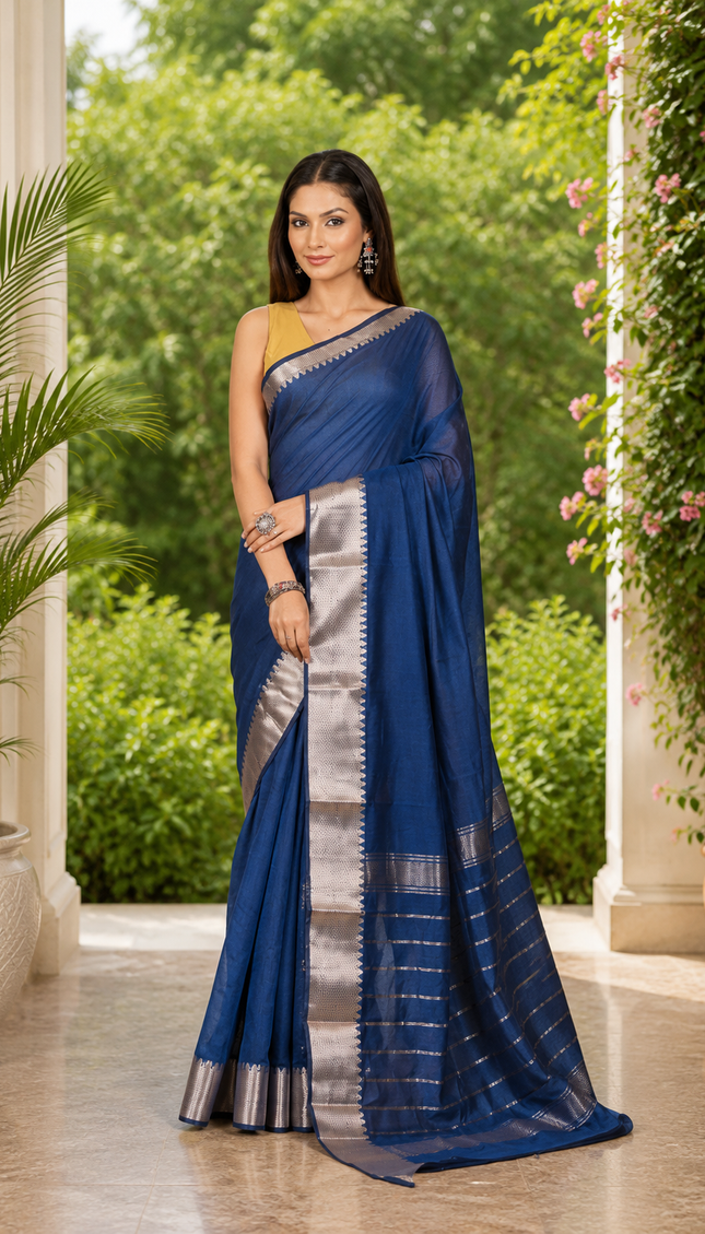 Steel Blue Mangalgiri Cotton Saree — Silver Zari Border | Handcrafted saree | KalamKantha
