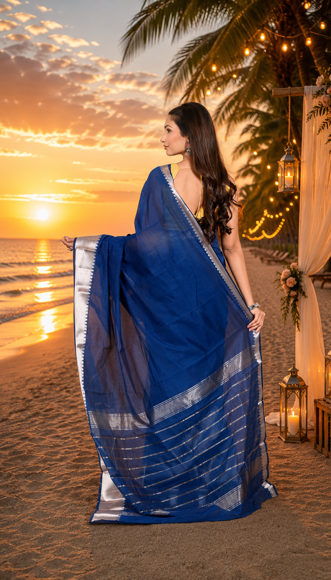 Steel Blue Mangalgiri Cotton Saree — Silver Zari Border | Handcrafted saree | KalamKantha