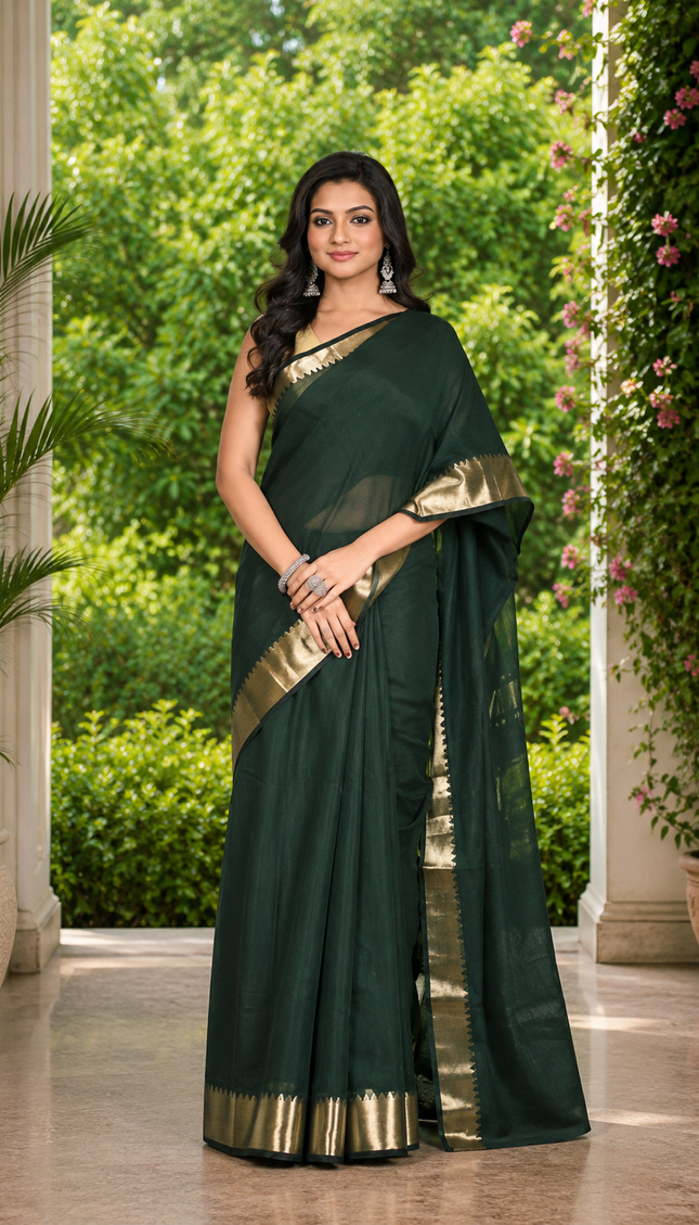 Bottle Green Maheshwari Silk Cotton Saree — Zari ... - Saree | KalamKantha