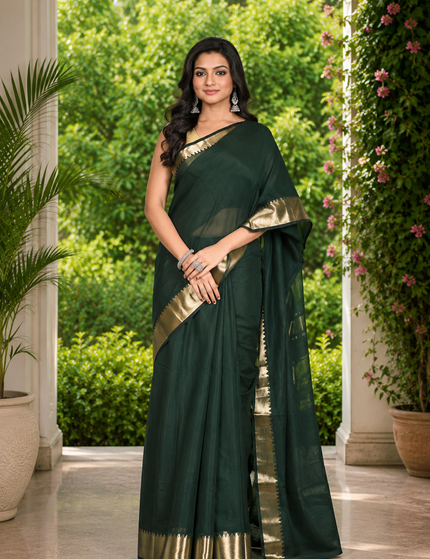 Bottle Green Maheshwari Silk Cotton Saree — Zari ... - Saree | KalamKantha