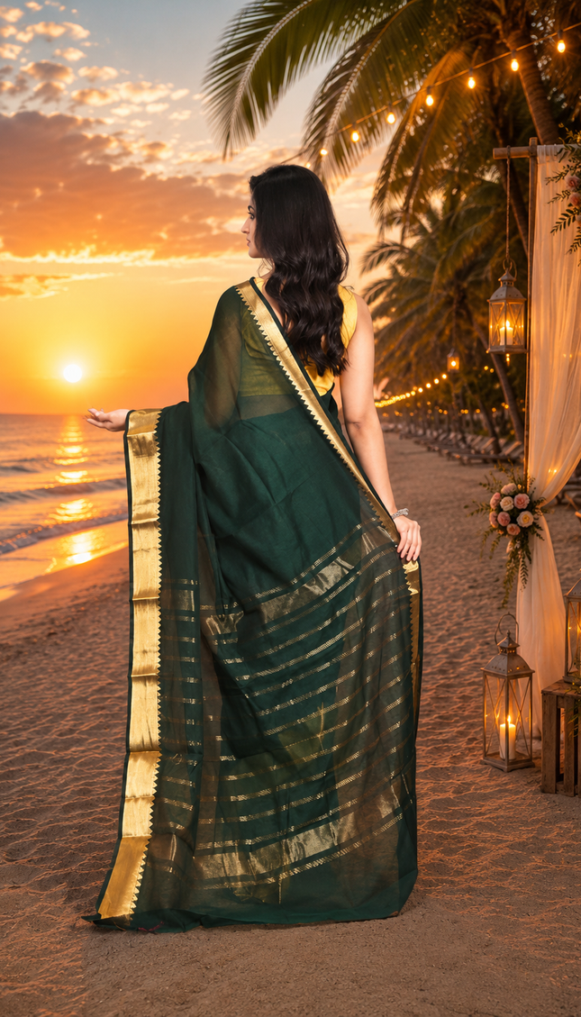 Bottle Green Maheshwari Silk Cotton Saree — Zari ... - Saree | KalamKantha