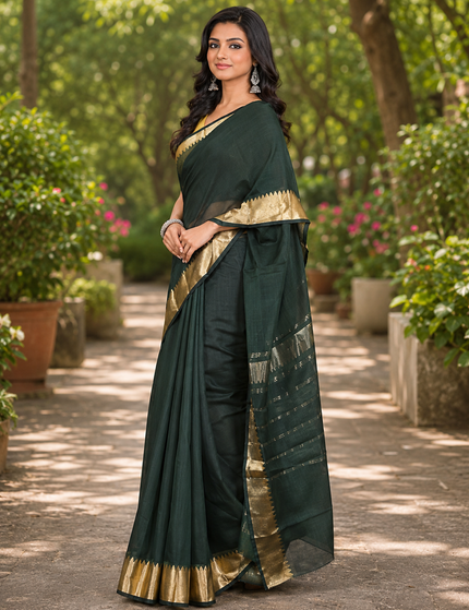 Bottle Green Maheshwari Silk Cotton Saree — Zari ... - Saree | KalamKantha