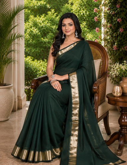 Bottle Green Maheshwari Silk Cotton Saree — Zari ... - Saree | KalamKantha