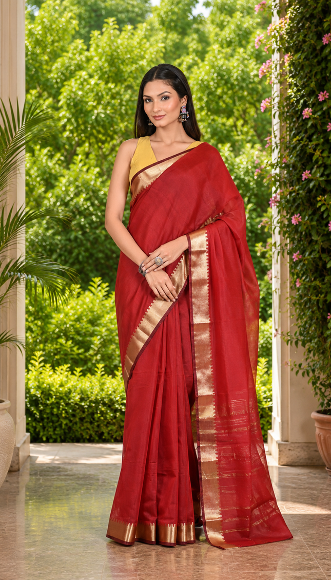 Model wearing a crimson Mangalgiri cotton saree with a handwoven golden zari border and pallu, full-length front view in a garden doorway
