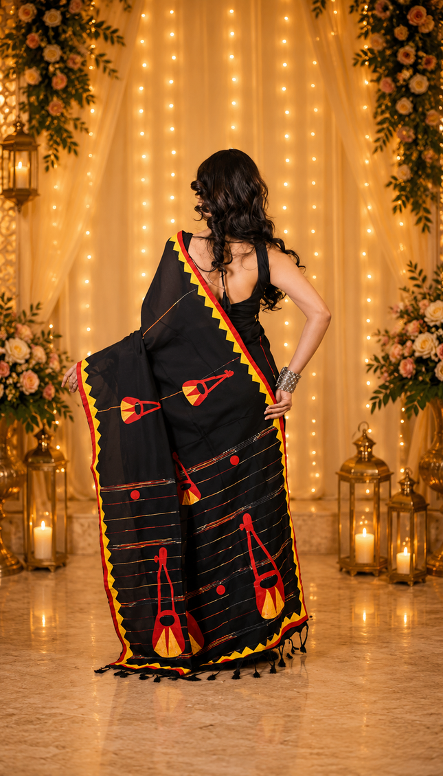 Black Ektara Applique Saree — Yellow & Red Folk Instrument Motifs | Handcrafted saree | KalamKantha
