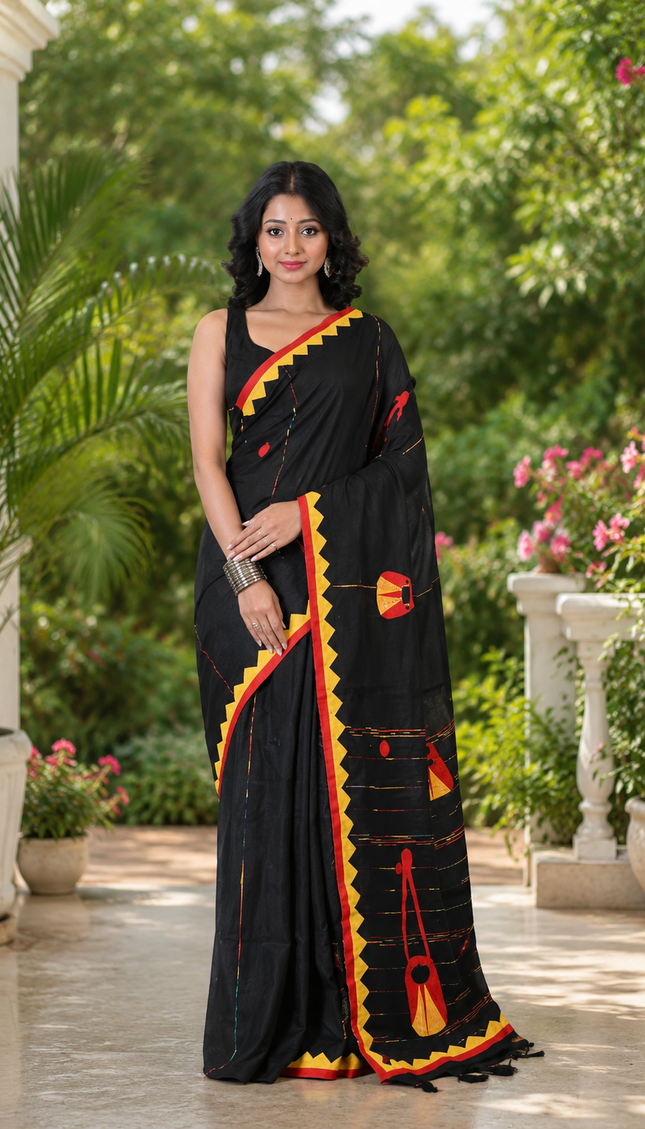 Black Ektara Applique Saree — Yellow & Red Folk Instrument Motifs | Handcrafted saree | KalamKantha
