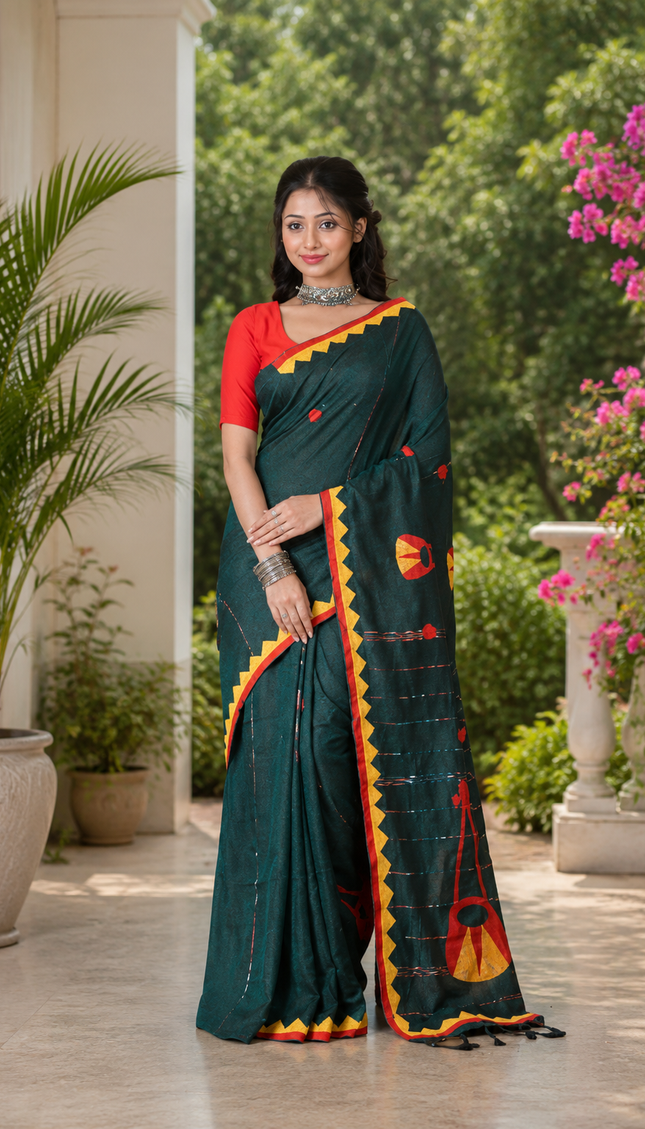 Teal Ektara Applique Saree — Orange & Red Motifs | Handcrafted saree | KalamKantha