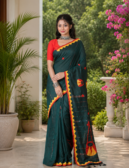 Teal Ektara Applique Saree — Orange & Red Motifs | Handcrafted saree | KalamKantha