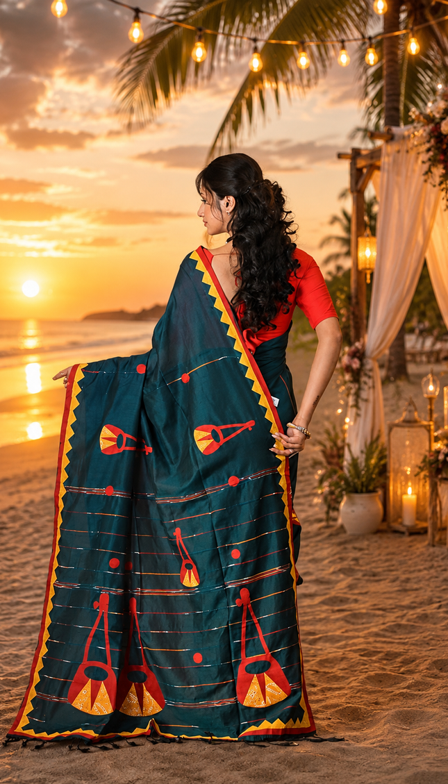 Teal Ektara Applique Saree — Orange & Red Motifs | Handcrafted saree | KalamKantha