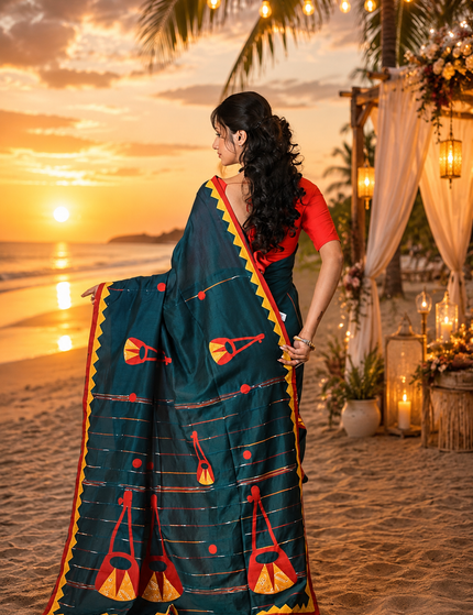 Teal Ektara Applique Saree — Orange & Red Motifs | Handcrafted saree | KalamKantha