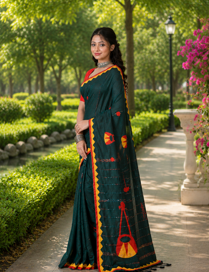 Teal Ektara Applique Saree — Orange & Red Motifs | Handcrafted saree | KalamKantha