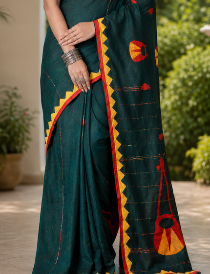 Teal Ektara Applique Saree — Orange & Red Motifs | Handcrafted saree | KalamKantha
