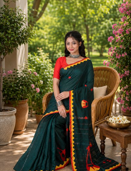 Teal Ektara Applique Saree — Orange & Red Motifs | Handcrafted saree | KalamKantha