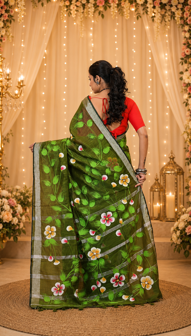 Olive Green Handloom Hand Print Saree — Floral Vine | Handcrafted saree | KalamKantha