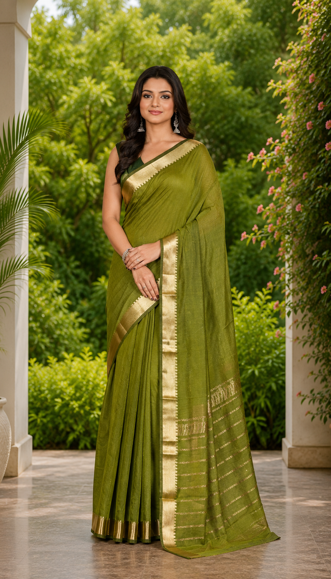 Moss Green Maheshwari Silk Cotton Saree — Zari Bo... - Saree | KalamKantha