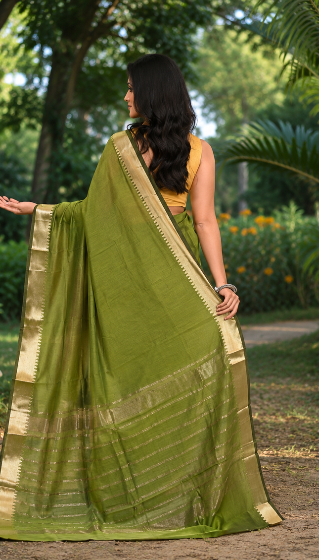Moss Green Maheshwari Silk Cotton Saree — Zari Bo... - Saree | KalamKantha