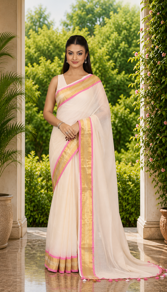Woman wearing a cream khadi cotton saree with gold zari and coral-pink border in a garden doorway