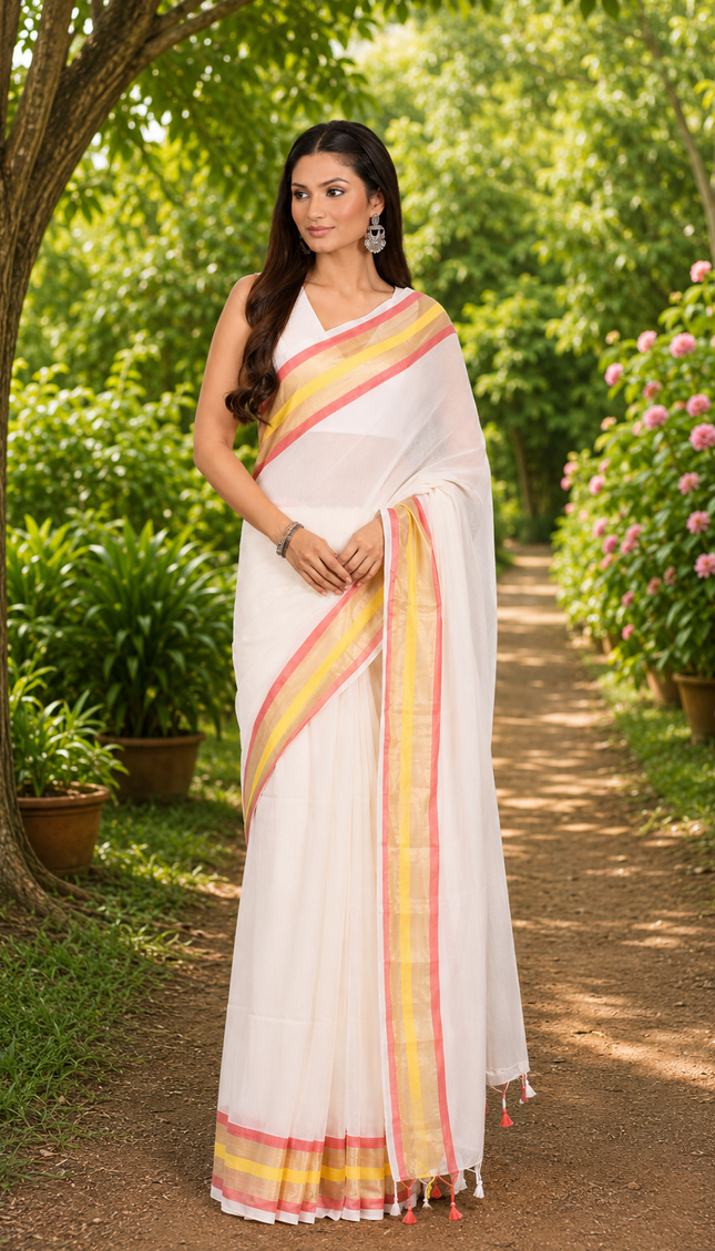 Woman wearing a white khadi saree with pink and yellow striped borders