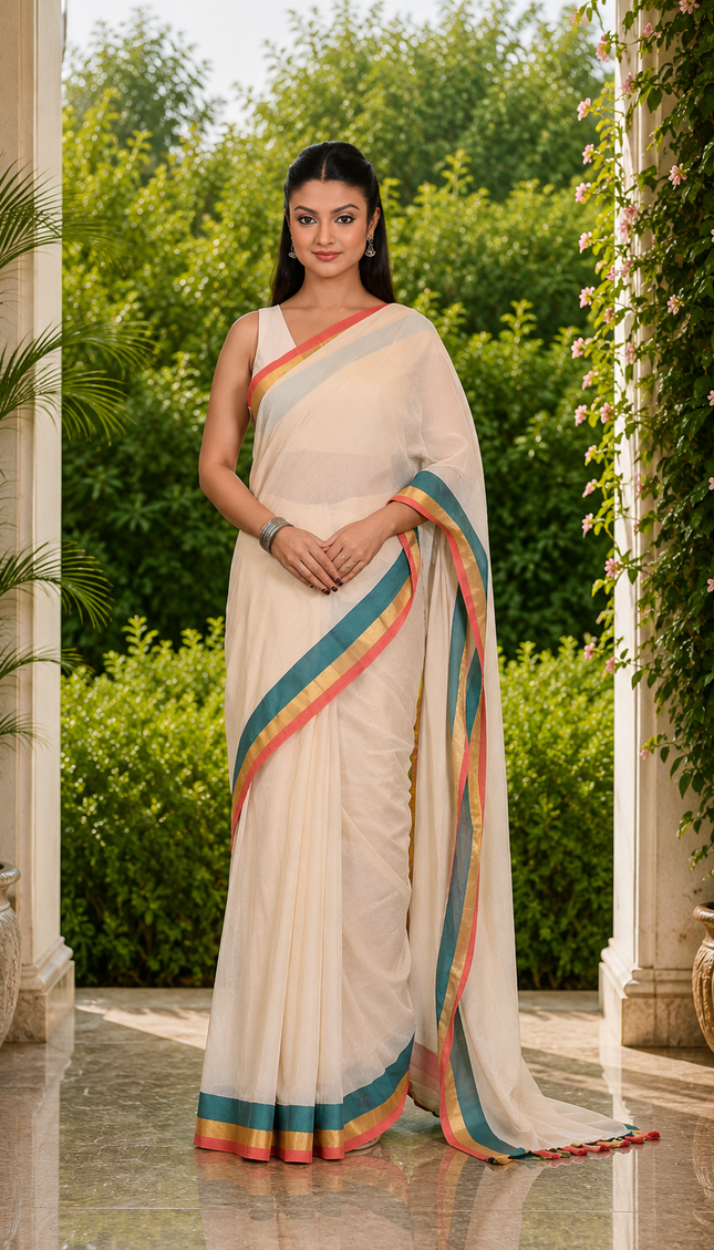 Off-White Khadi Par Saree — Teal & Coral Stripe B... - Saree | KalamKantha