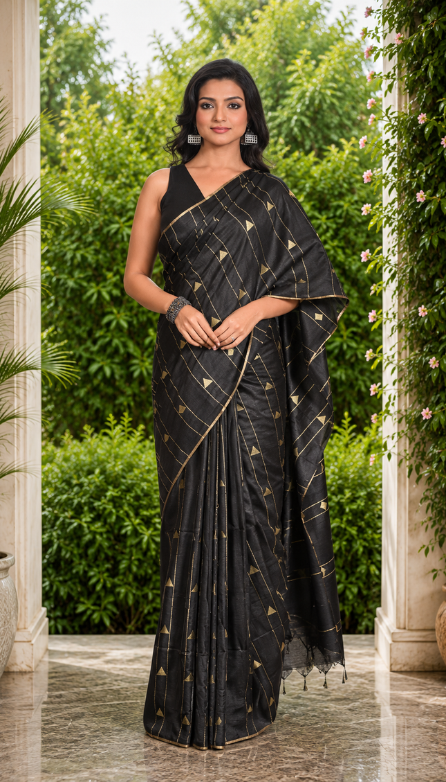 Model wearing a black cotton saree with a gold geometric border and striped pallu outdoors