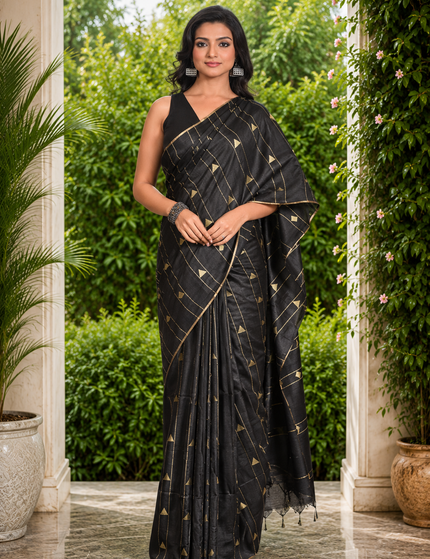 Model wearing a black cotton saree with a gold geometric border and striped pallu outdoors
