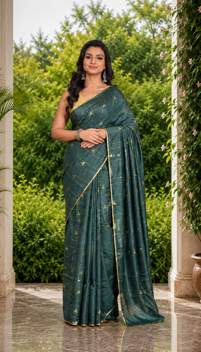 Teal Green Cotton Temple Barfee Saree - Saree | KalamKantha