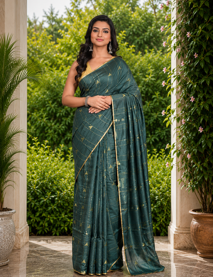 Teal Green Cotton Temple Barfee Saree - Saree | KalamKantha