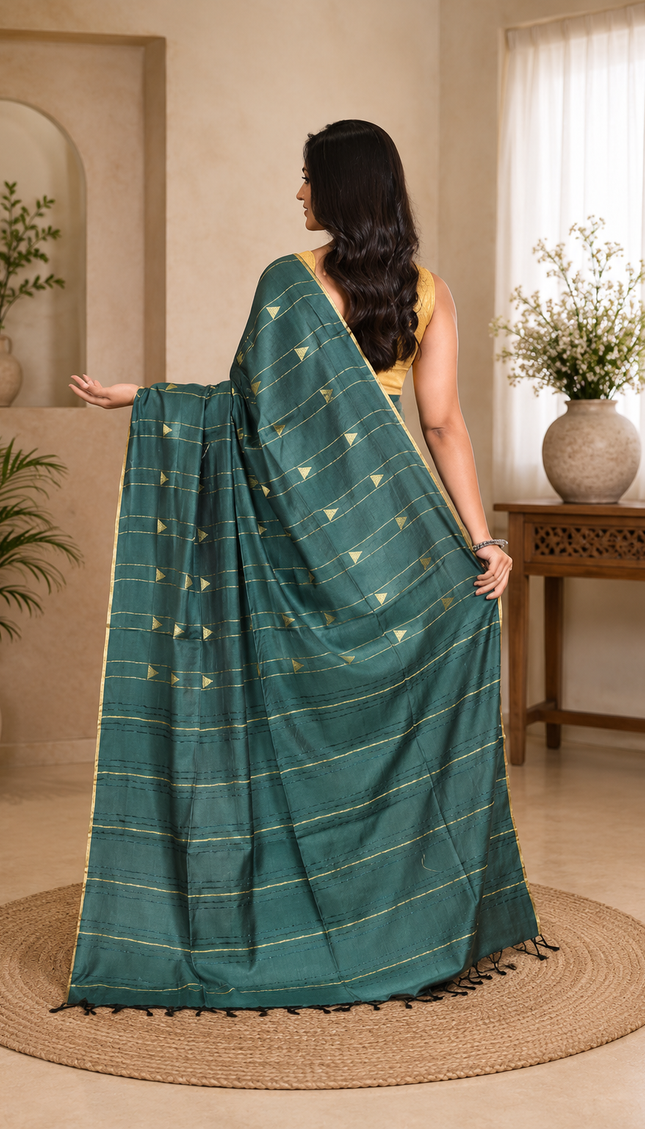 Teal Green Cotton Temple Barfee Saree - Saree | KalamKantha