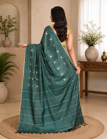 Teal Green Cotton Temple Barfee Saree - Saree | KalamKantha