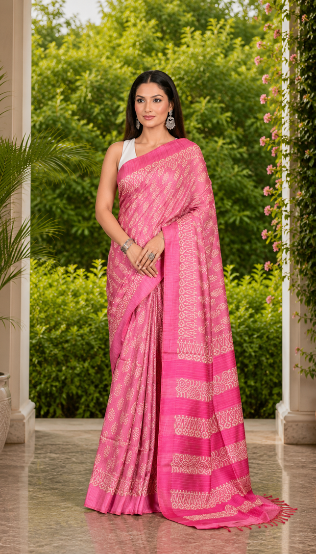Woman wearing a bright pink Tussar silk cotton saree with delicate white Batik floral motifs and darker pink striped border, standing in a sunlit garden courtyard.