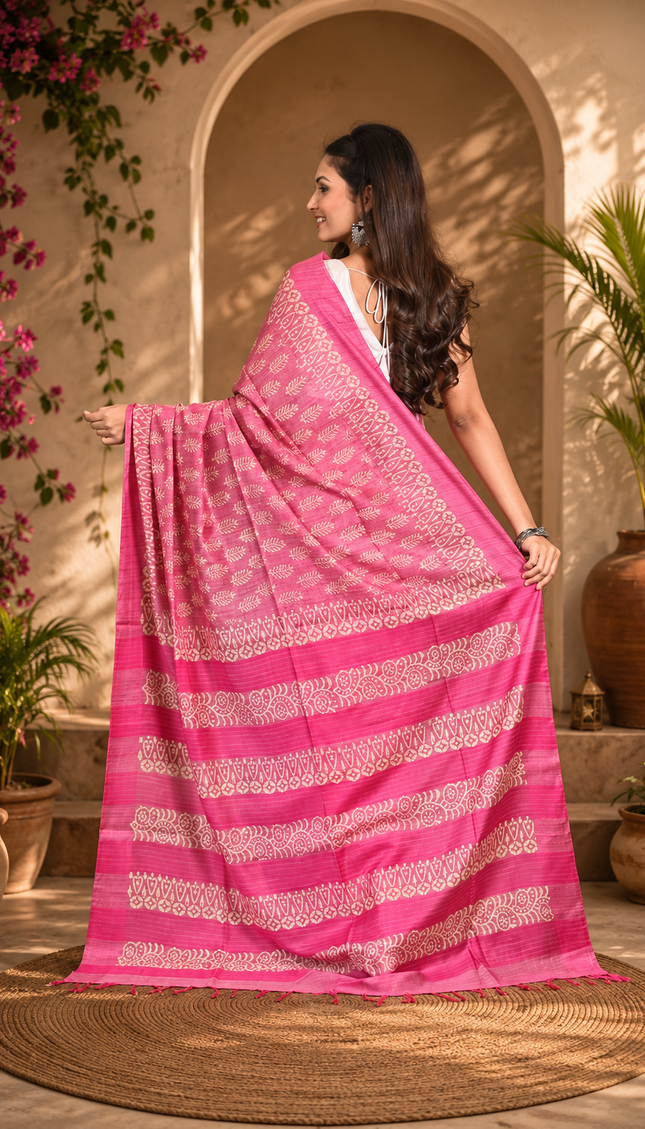 Back view of a woman displaying a bright pink Tussar silk cotton saree with delicate white Batik floral motifs and darker pink striped border in a warm arched courtyard.