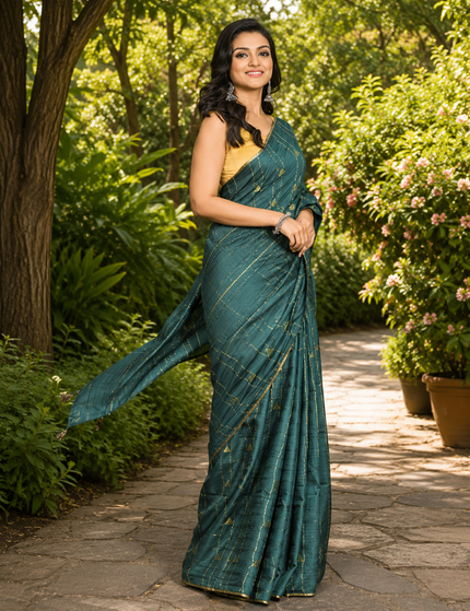 Teal Green Cotton Temple Barfee Saree - Saree | KalamKantha