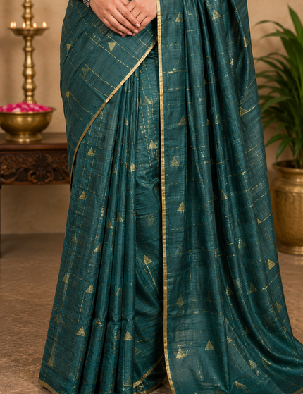 Teal Green Cotton Temple Barfee Saree - Saree | KalamKantha