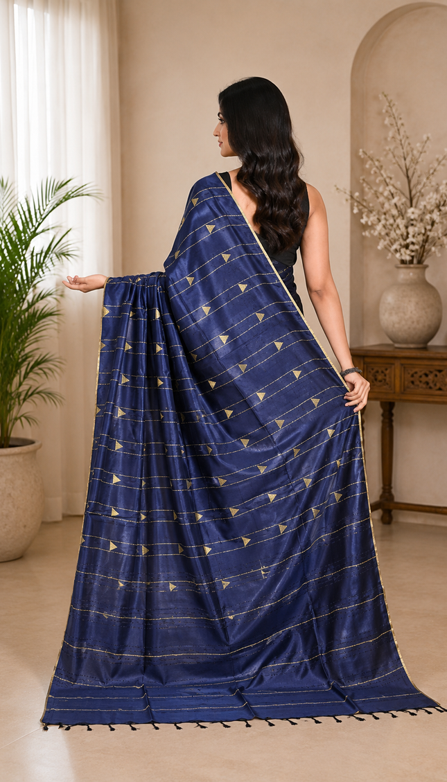 Navy Blue Silk Saree — Gold Zari Stripes & Triang... - Saree | KalamKantha