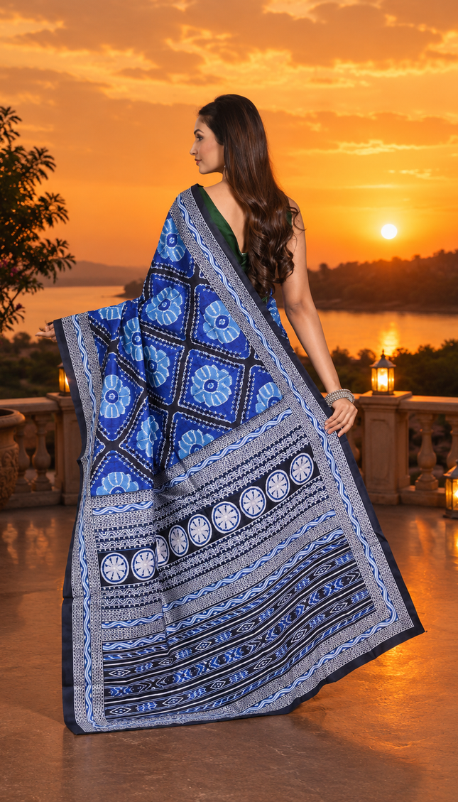 Model showing the back drape of a royal blue mercerized Ikkat silk saree with blue floral motifs, black-and-white patterned borders, circular details, and striped pallu at sunset.