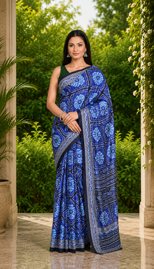 Model wearing a royal blue mercerized Ikkat silk saree with blue floral motifs and black-and-white patterned borders, full-length front view in a garden doorway.