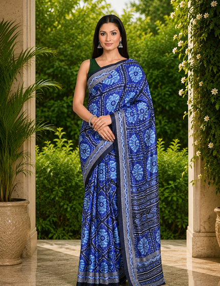 Model wearing a royal blue mercerized Ikkat silk saree with blue floral motifs and black-and-white patterned borders, full-length front view in a garden doorway.