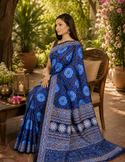 Model seated in a cane chair wearing a royal blue mercerized Ikkat silk saree with blue floral motifs, diamond patterns, circular details, and black-and-white patterned borders.
