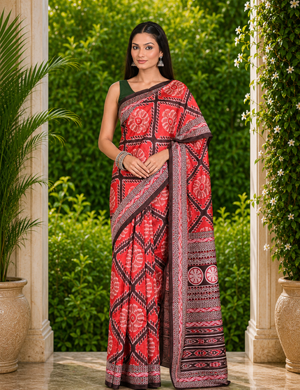 Model wearing a red mercerized Ikkat silk saree with geometric motifs, circular floral patterns, and black-and-white patterned borders, full-length front view in a garden doorway.
