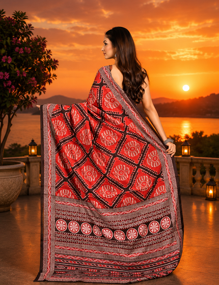 Model showing the back drape of a red mercerized Ikkat silk saree with geometric motifs, circular floral patterns, black-and-white borders, and striped pallu at sunset.