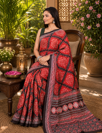 Model seated in a cane chair wearing a red mercerized Ikkat silk saree with geometric motifs, circular floral patterns, striped pallu, and black-and-white patterned borders.