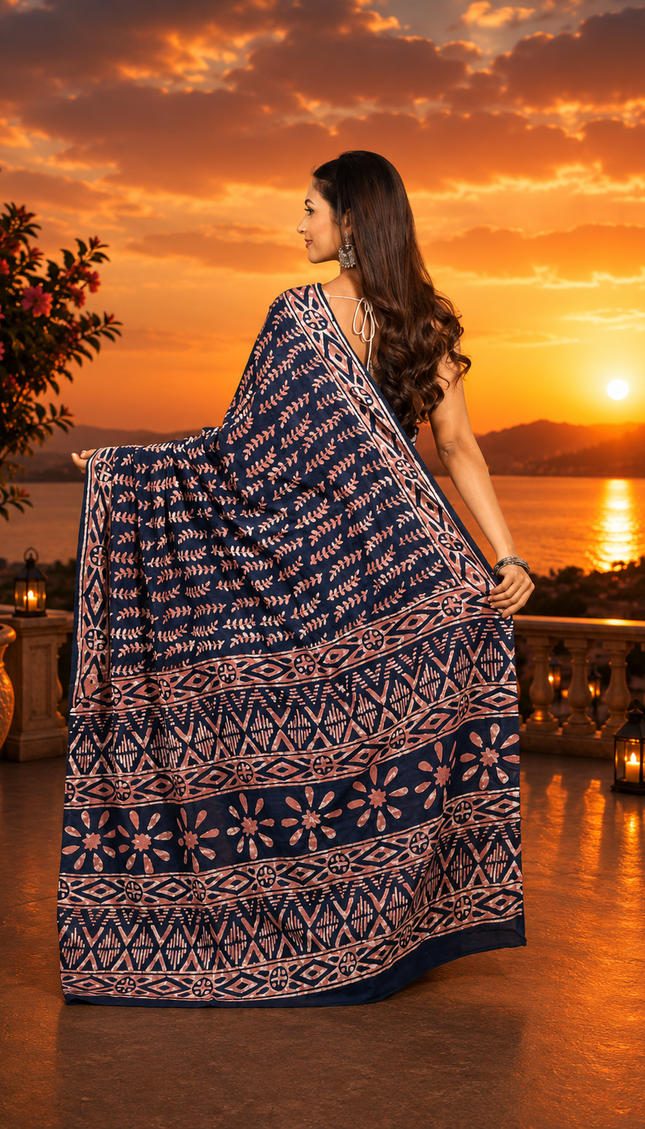 Model showing the back drape of an indigo navy blue Jaipur cotton Dabu saree, with the printed pallu and floral border at sunset.