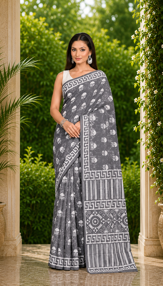 Model wearing a slate black Jaipur cotton Dabu saree, full-length front view showing white floral motifs, geometric border, striped bands and circular patterned pallu.