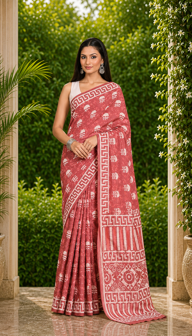 Model wearing a terracotta rose Jaipur cotton Dabu saree with white hand-block motifs, Greek-key borders, striped pallu, and geometric patterns, full-length front view in a garden doorway.