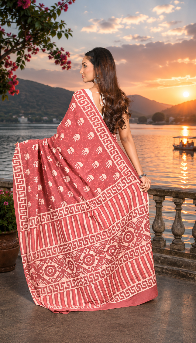 Model showing the back drape of a terracotta rose Jaipur cotton Dabu saree with white hand-block motifs, Greek-key border, striped bands, and geometric patterned pallu beside a lake at sunset.