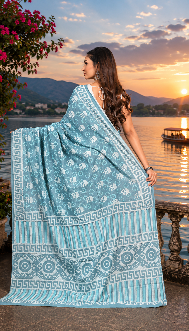 Model showing the back drape of a slate blue grey Jaipur cotton Dabu saree, with floral print, Greek-key border, striped bands and circular motifs beside a lake at sunset.