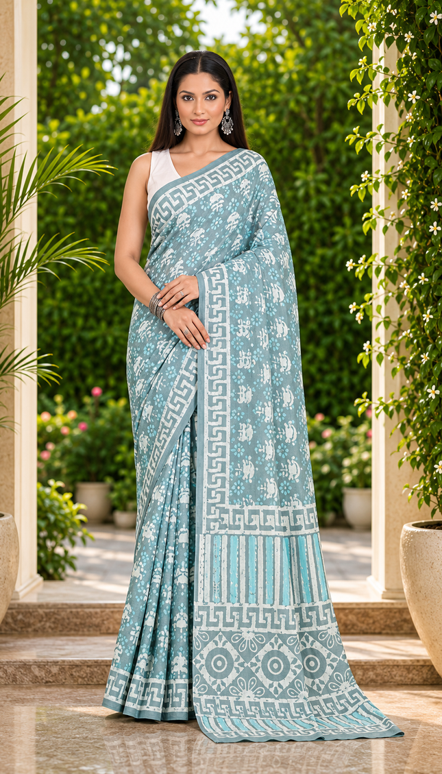 Model wearing a slate blue grey Jaipur cotton Dabu saree, full-length front view showing white floral print, geometric border and striped pallu.