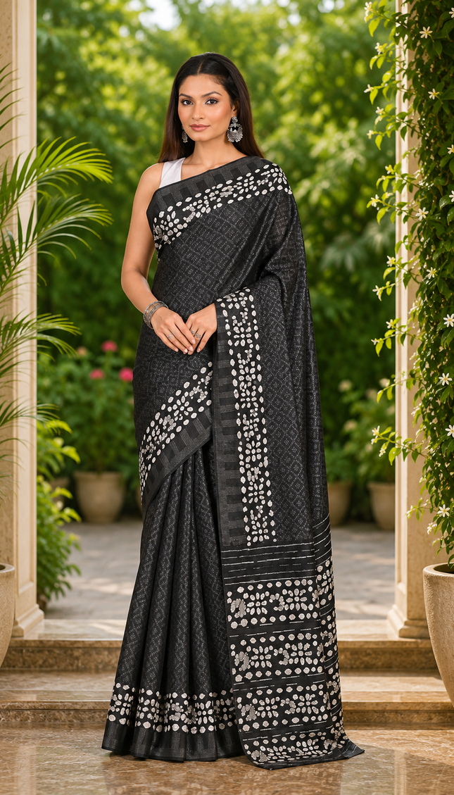 Full-length front view of a woman wearing a charcoal grey Kantha Batik saree with white buti motifs and patterned border in a garden doorway