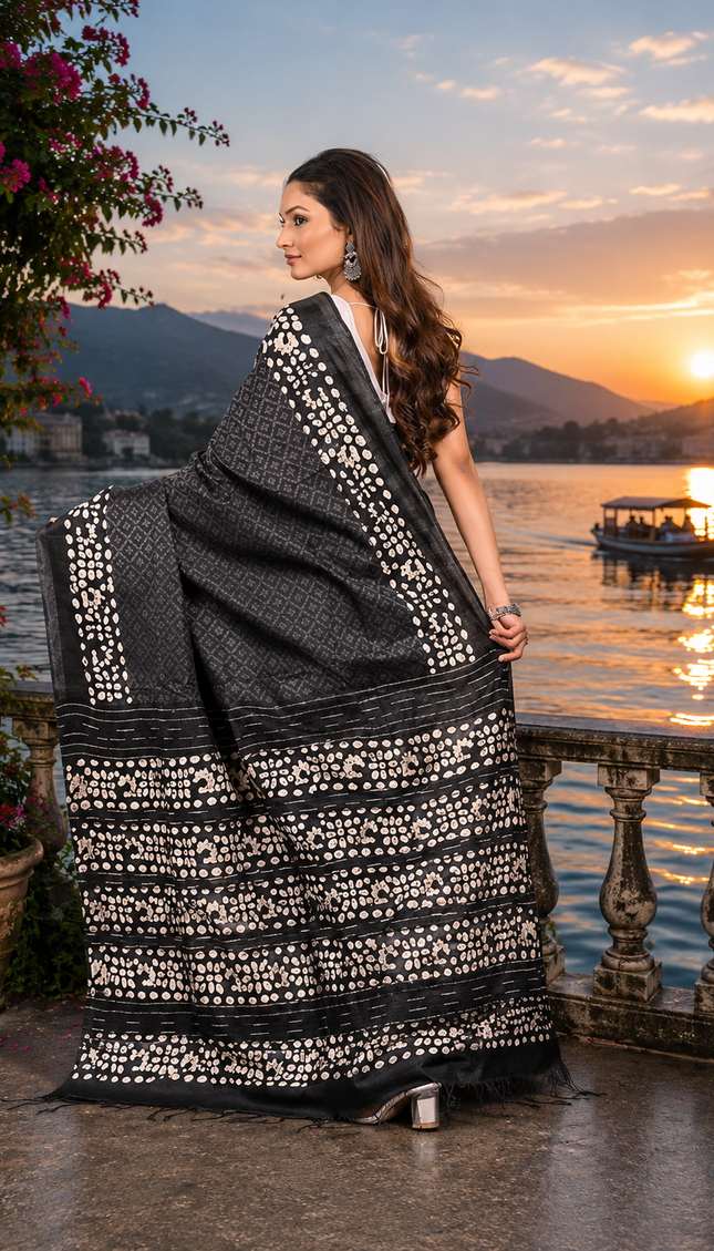 Back view of a woman displaying a charcoal grey Kantha Batik saree with white buti motifs and patterned border at sunset by a lake