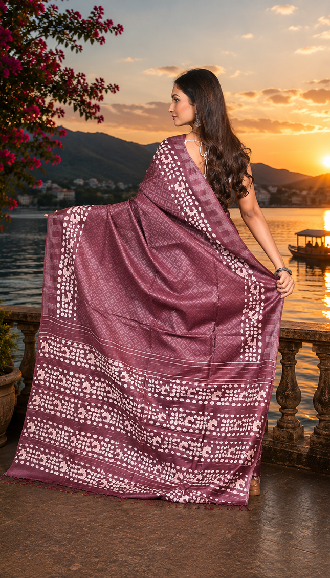Back view of a woman displaying a mauve Kantha Batik saree with cream circular buti motifs and patterned border beside a lake at sunset.